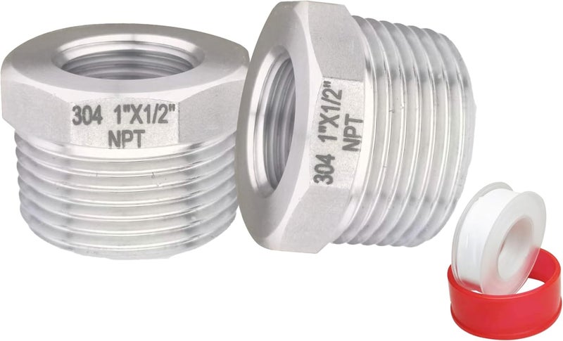 POTONZ 1" Male to 1/2" Female NPT Threaded Reducer Hex Bushing 304 Stainless Steel Reducing Adapter Pipe Fitting With Teflon Plumbers Tape(Pack of 2) - Image 1